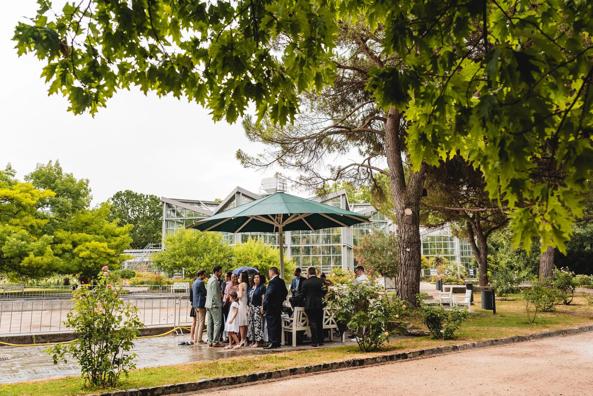 Hochzeitsgesellschaft im Gespräch unter einem großen grünen Sonnenschirm im Palmengarten Frankfurt.