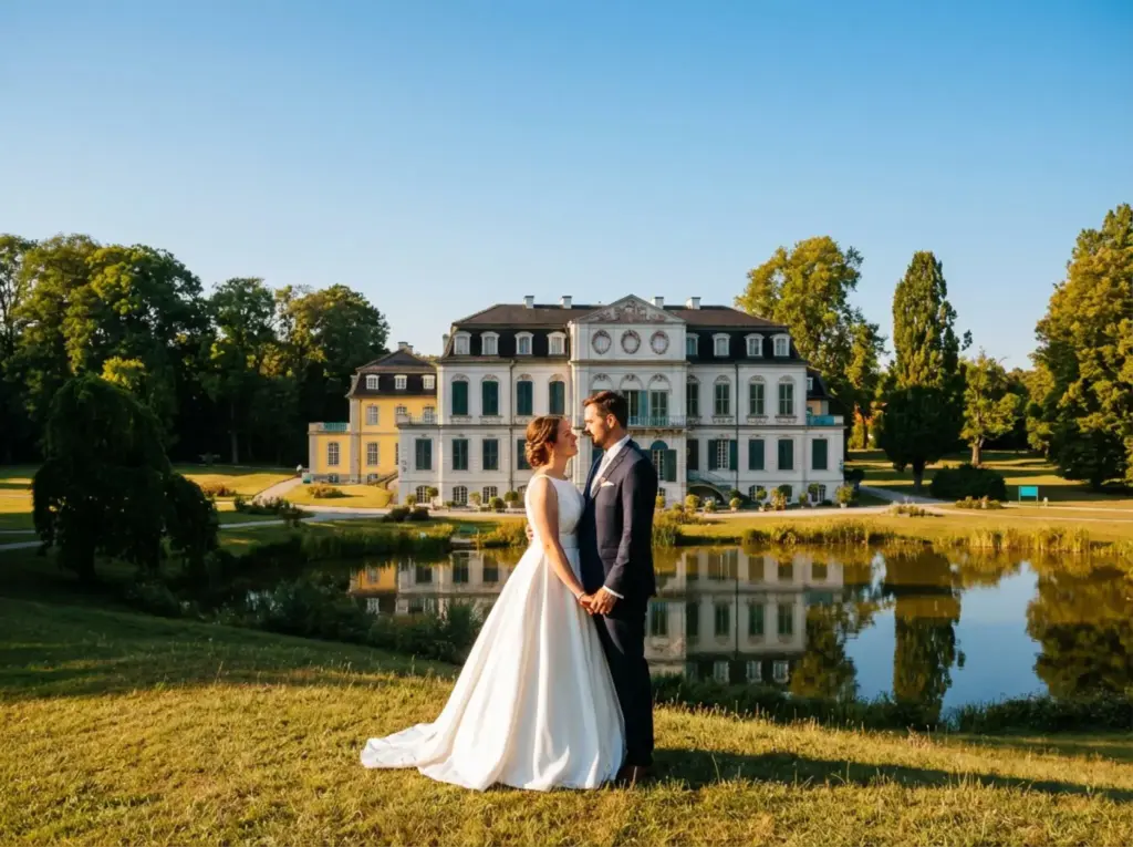 Hochzeitsfotograf Kassel Schloss Wilhelmsthal-Braupaar steht vor dem Schloss.